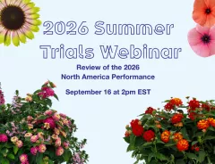 Graphic for 2026 Summer Trials Webinar with colorful flowers and event details