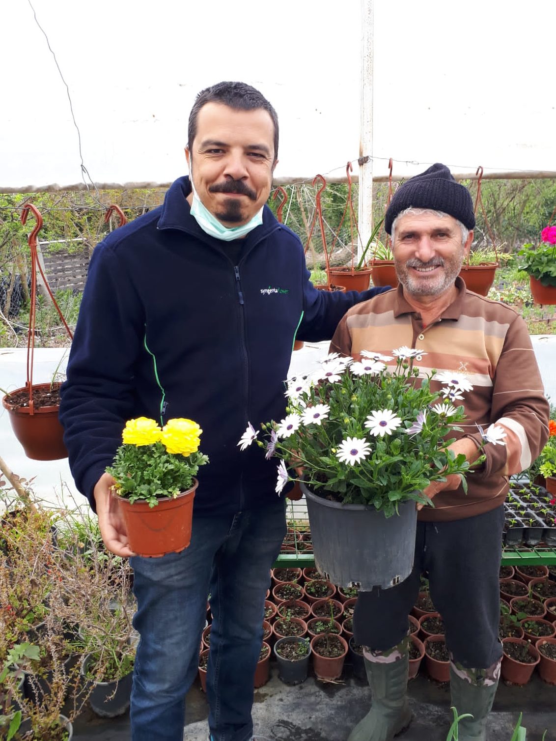 Can Erol holding Ranunculus Magic and grower hold Osteospermum Asti